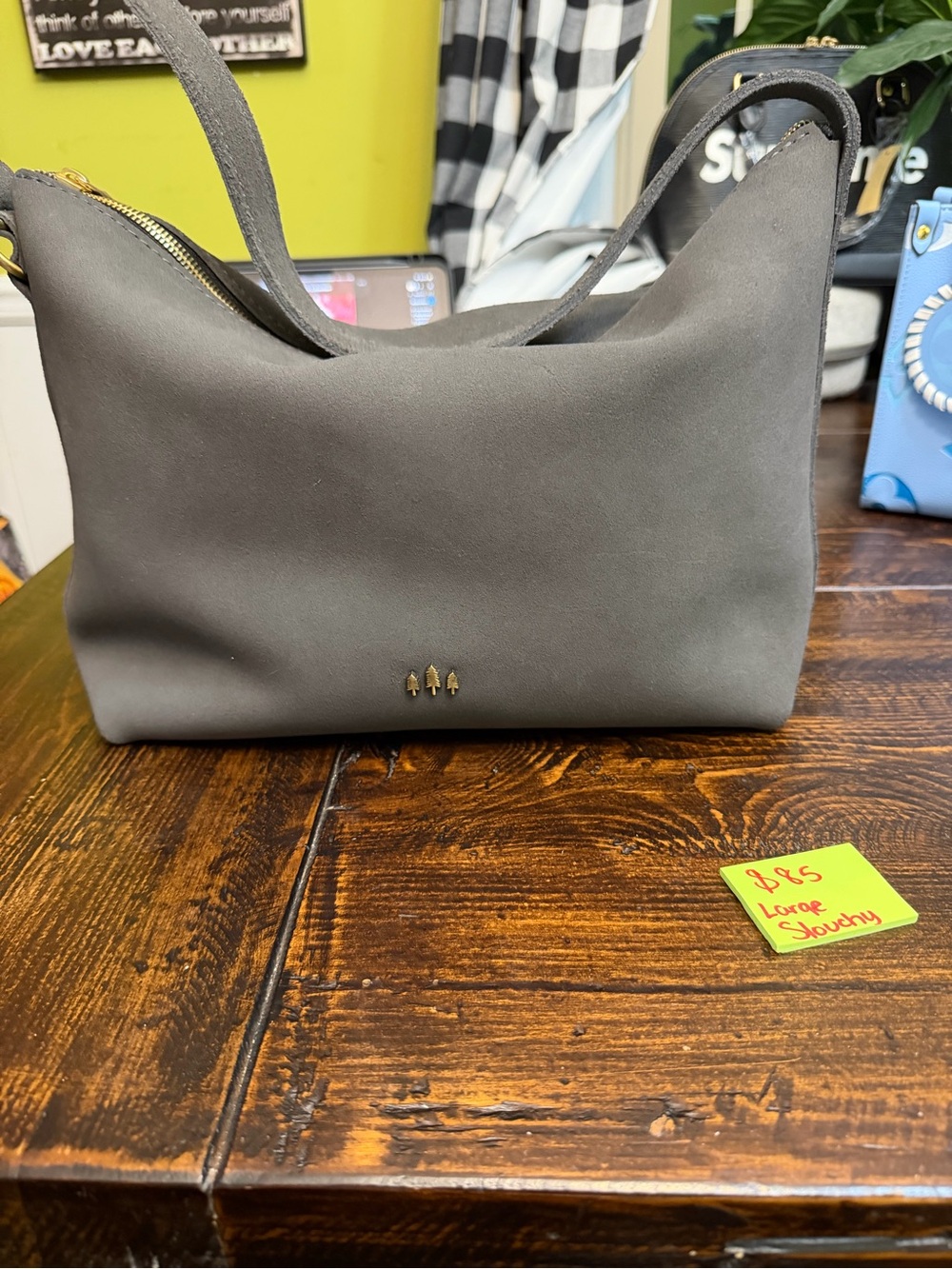Gray Suede Shoulder Bag with Subtle Gold Accents
